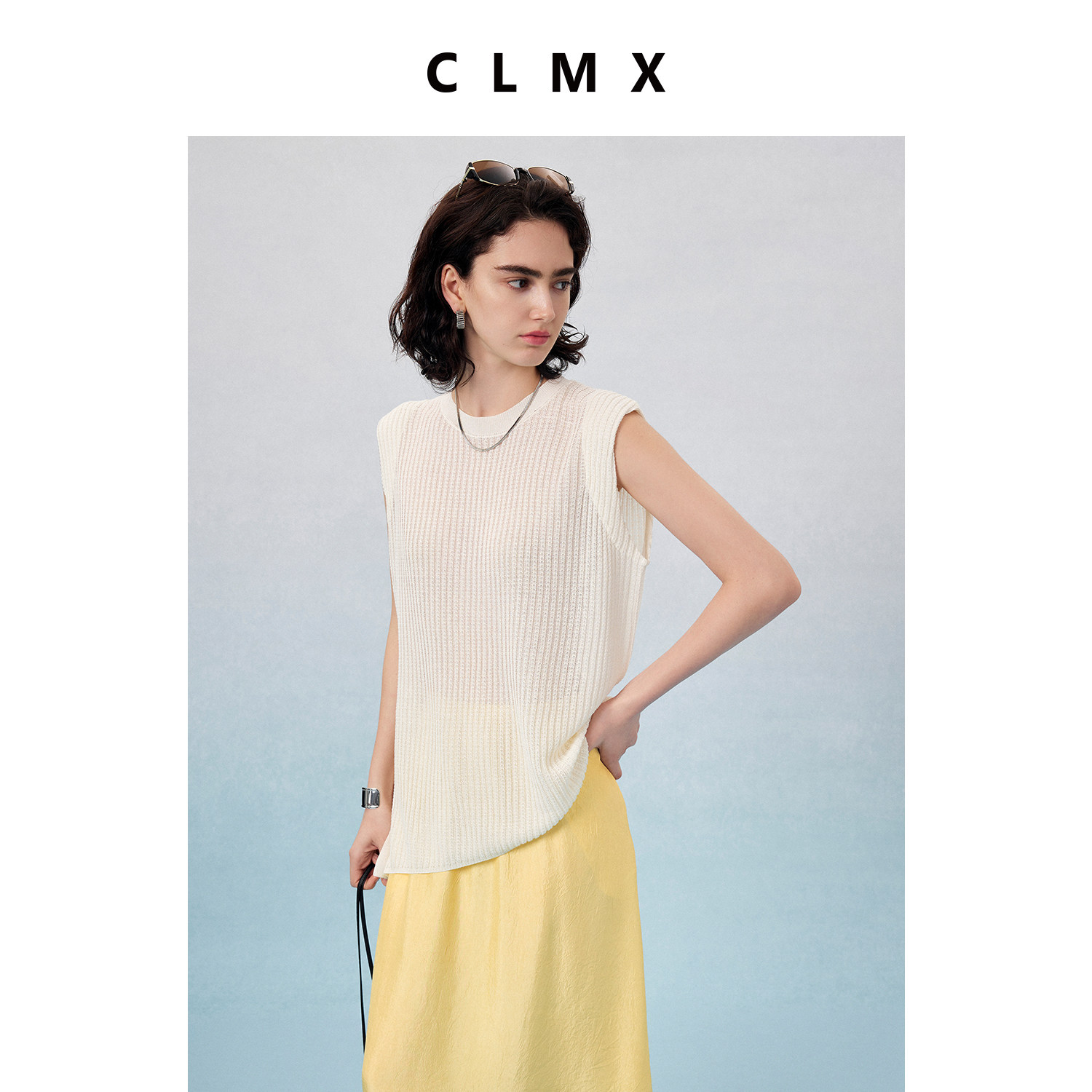 CLMX 法式纯色亚麻粘胶混纺无袖马甲女夏季通勤气质宽松针织上衣