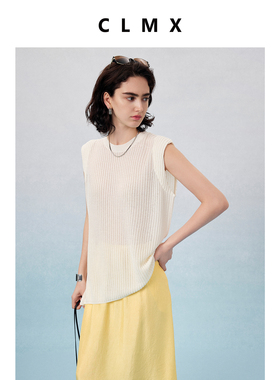 CLMX夏季通勤纯色上衣干爽清凉亚麻粘胶混纺纱线面料无袖针织背心
