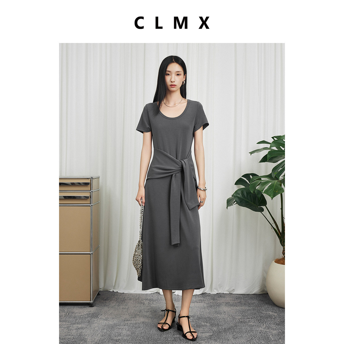 CLMX高克重四面弹莫代尔混纺面料 松弛感假两件系带连衣裙