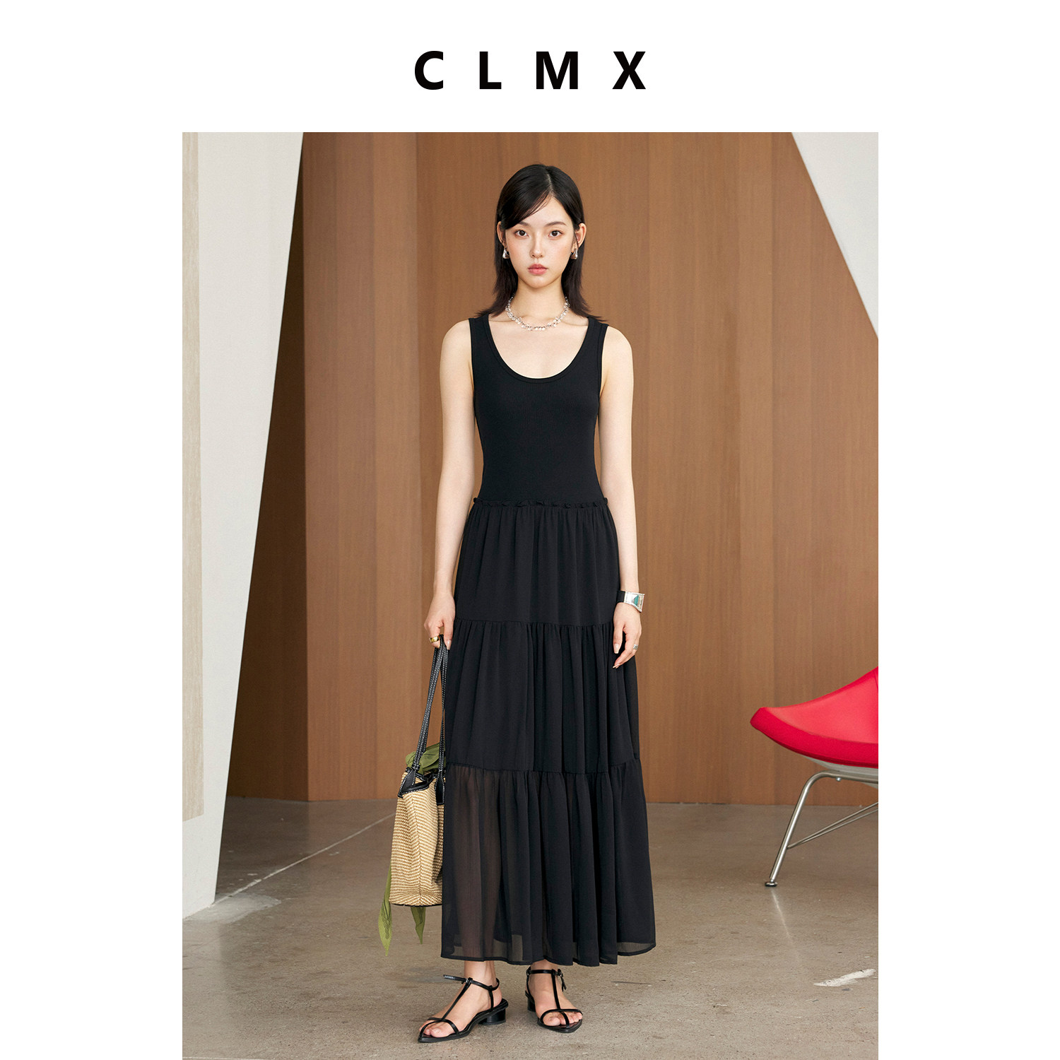 CLMX黑色U领修身通勤连衣裙