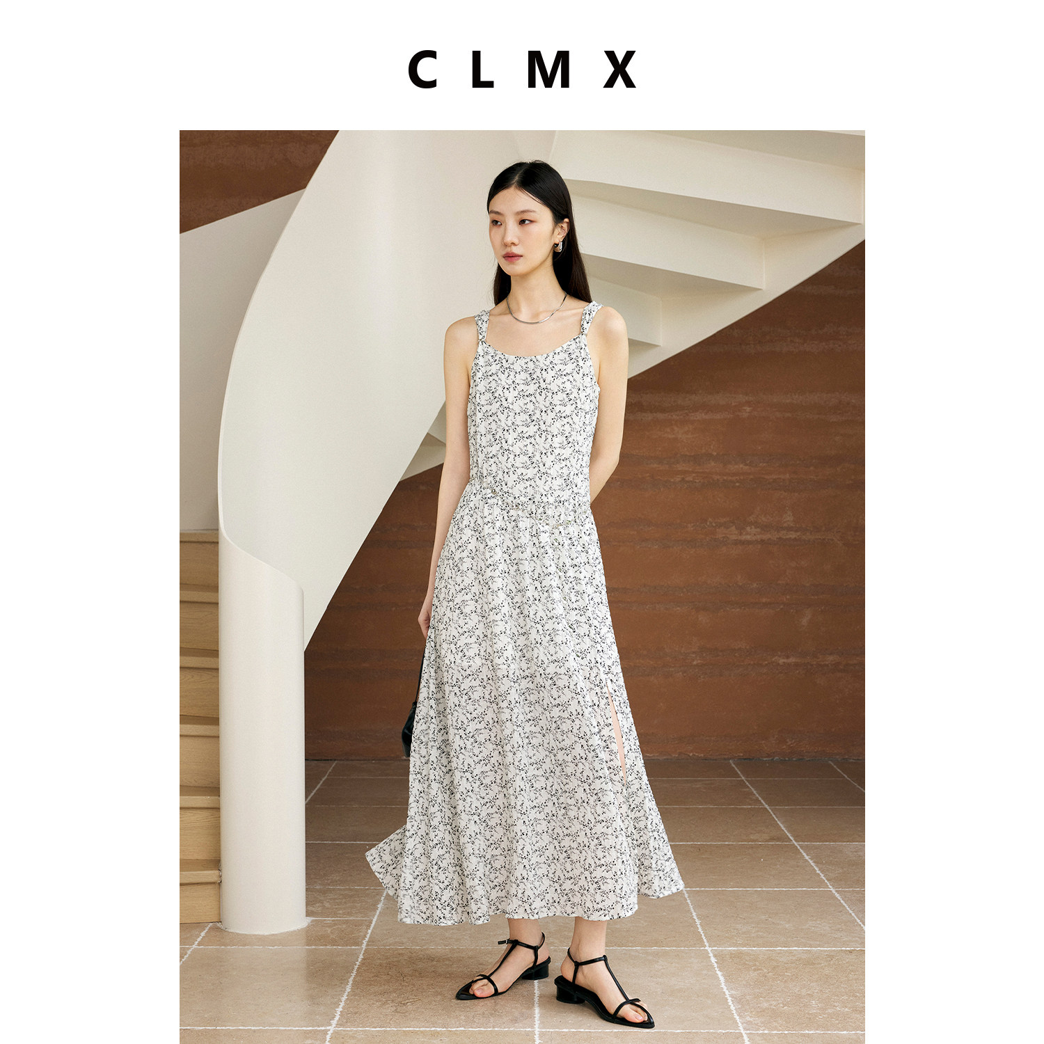 CLMX复古碎花A字吊带连衣裙