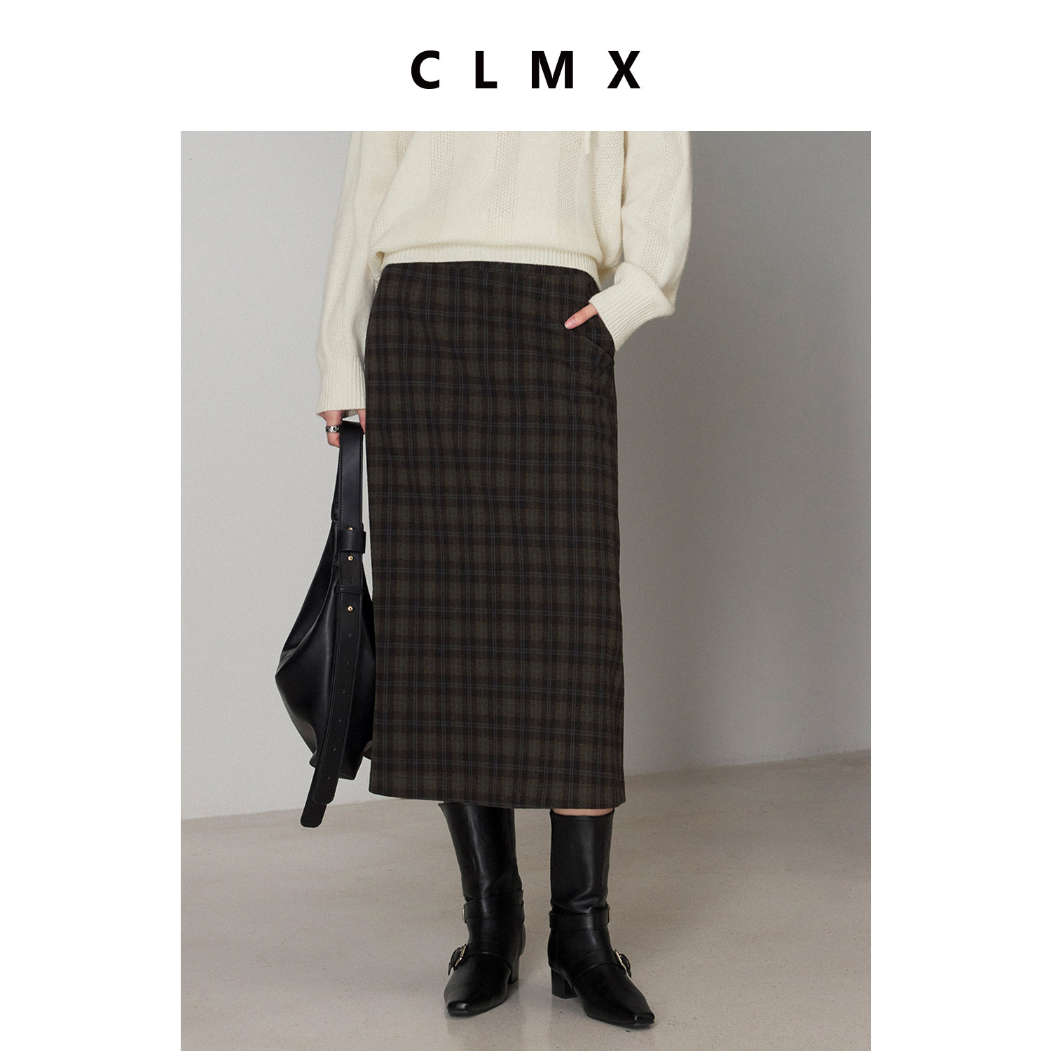 CLMX 四面微裙子女秋冬弹格纹针织简约H型挺阔直筒修型显瘦半身裙