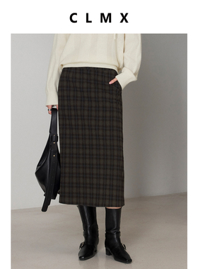 CLMX粘胶混纺四面微弹格纹针织布简约H型挺阔直筒修型显瘦半身裙