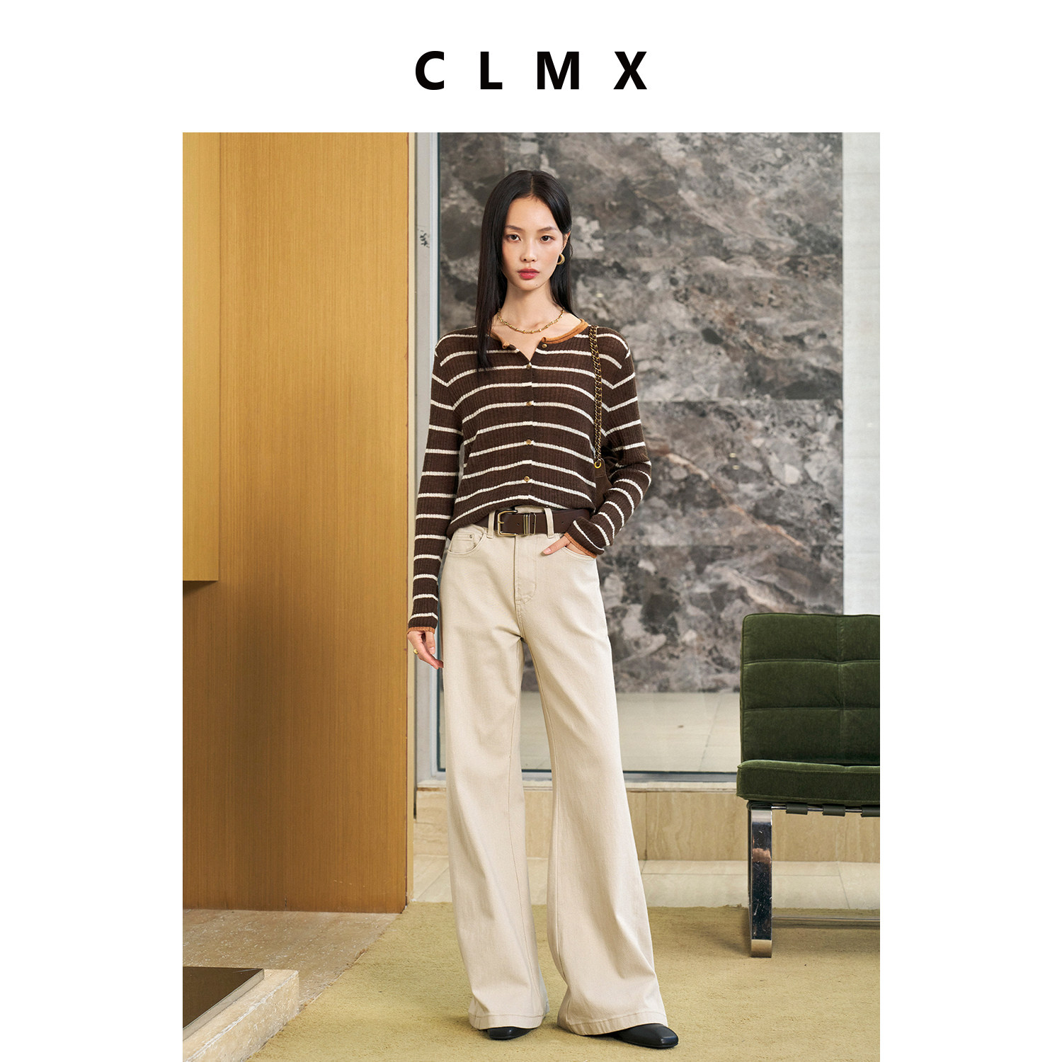 CLMX绵羊羊驼毛条纹修身针织衫