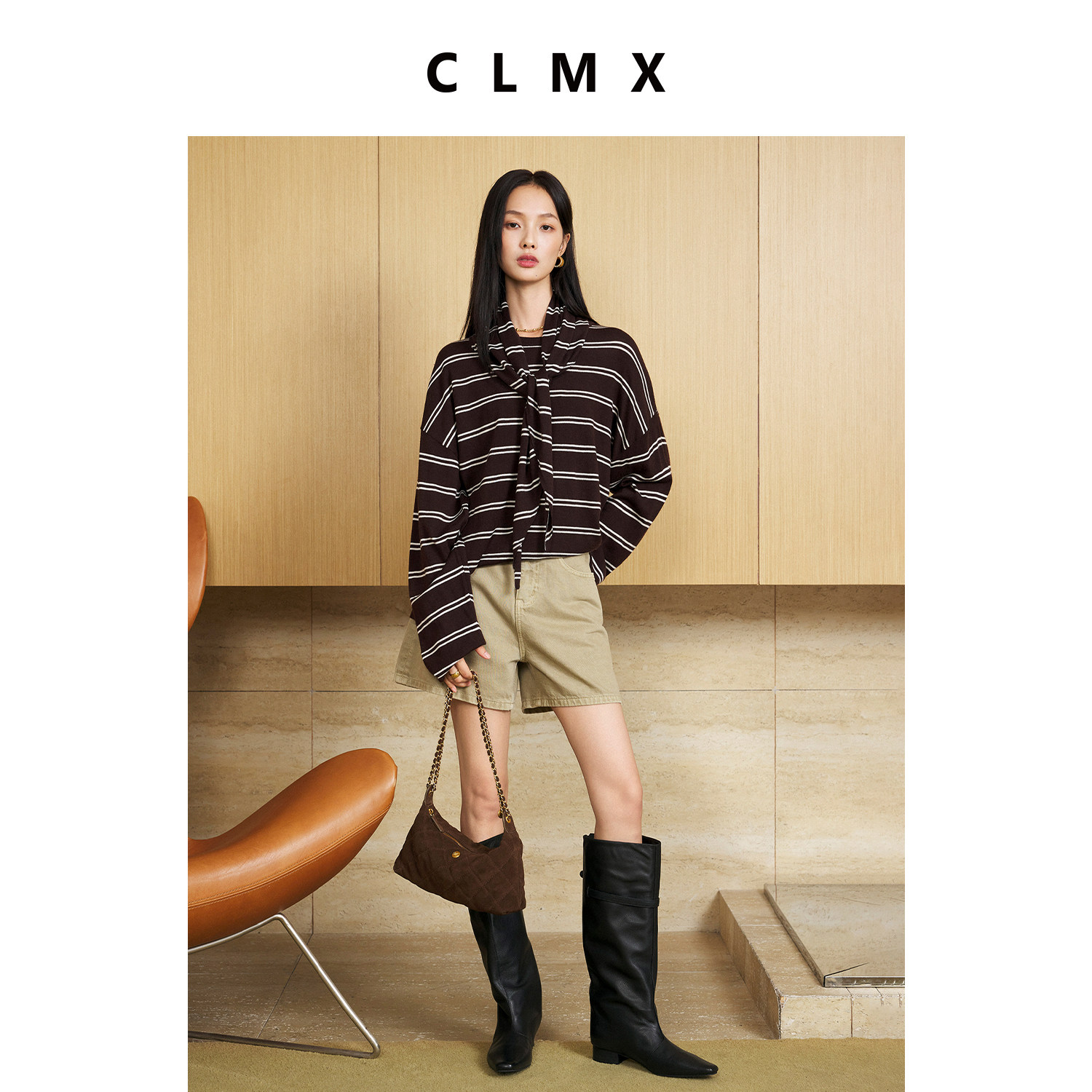 CLMX绵羊毛条纹针织衫女通勤