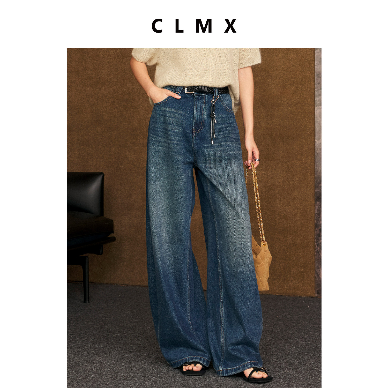 CLMX复古纯棉阔腿牛仔裤女通勤