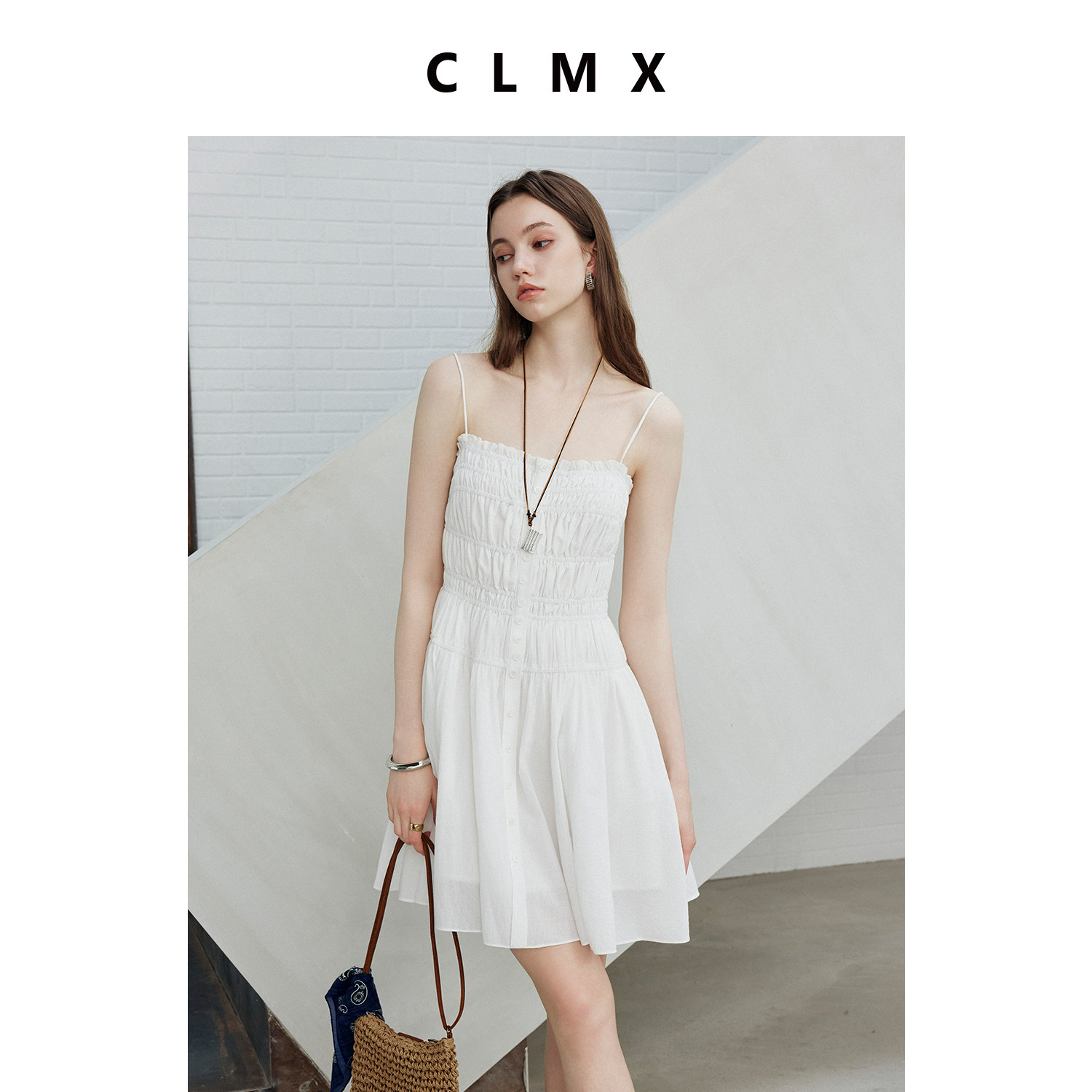 CLMX甄选高支高密纯棉面料 无龄感褶皱通勤风抹胸吊带连衣裙