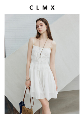 CLMX甄选高支高密纯棉面料 无龄感褶皱通勤风抹胸吊带连衣裙