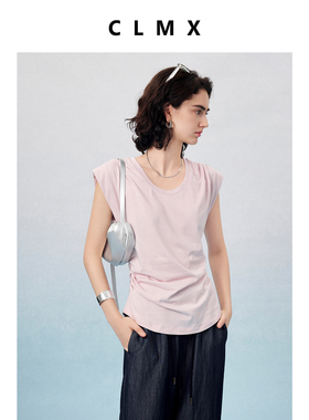 CLMX夏季简约纯色上衣亲肤舒适莱赛尔棉汉麻混纺面料U领褶皱T恤女