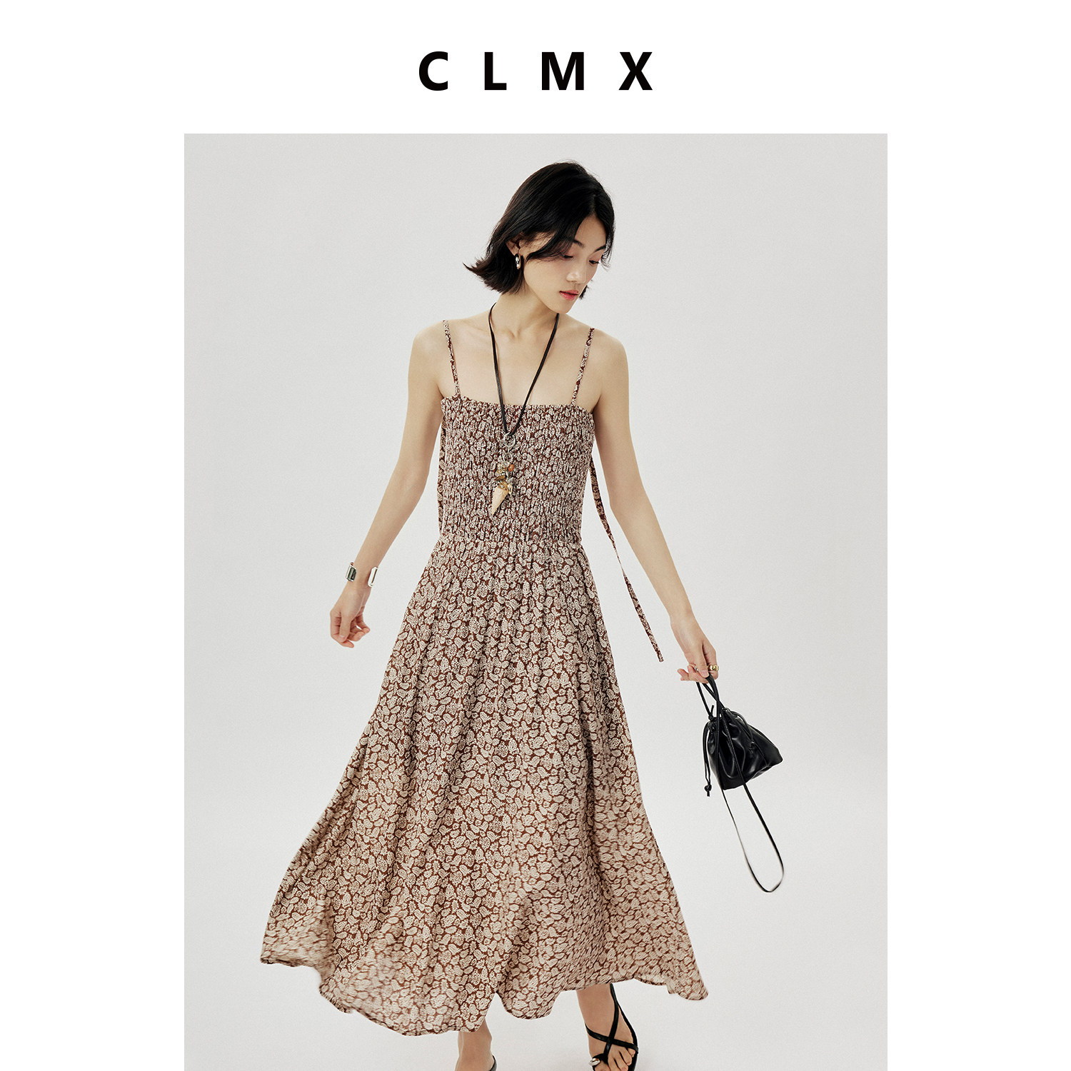 CLMX夏季气质通勤A字裙粘胶锦纶混纺面料干爽透气碎花吊带连衣裙
