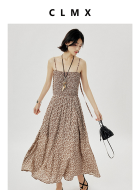 CLMX夏季气质通勤A字裙粘胶锦纶混纺面料干爽透气碎花吊带连衣裙