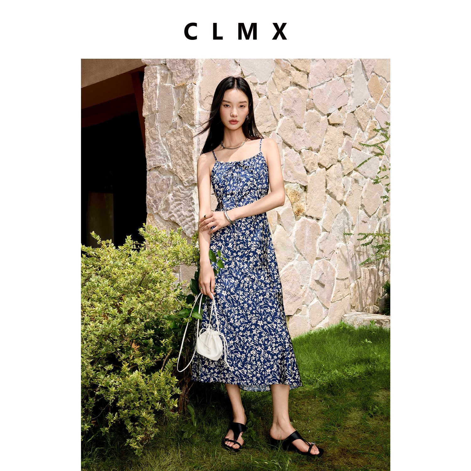 CLMX通勤吊带印花无袖A字连衣裙