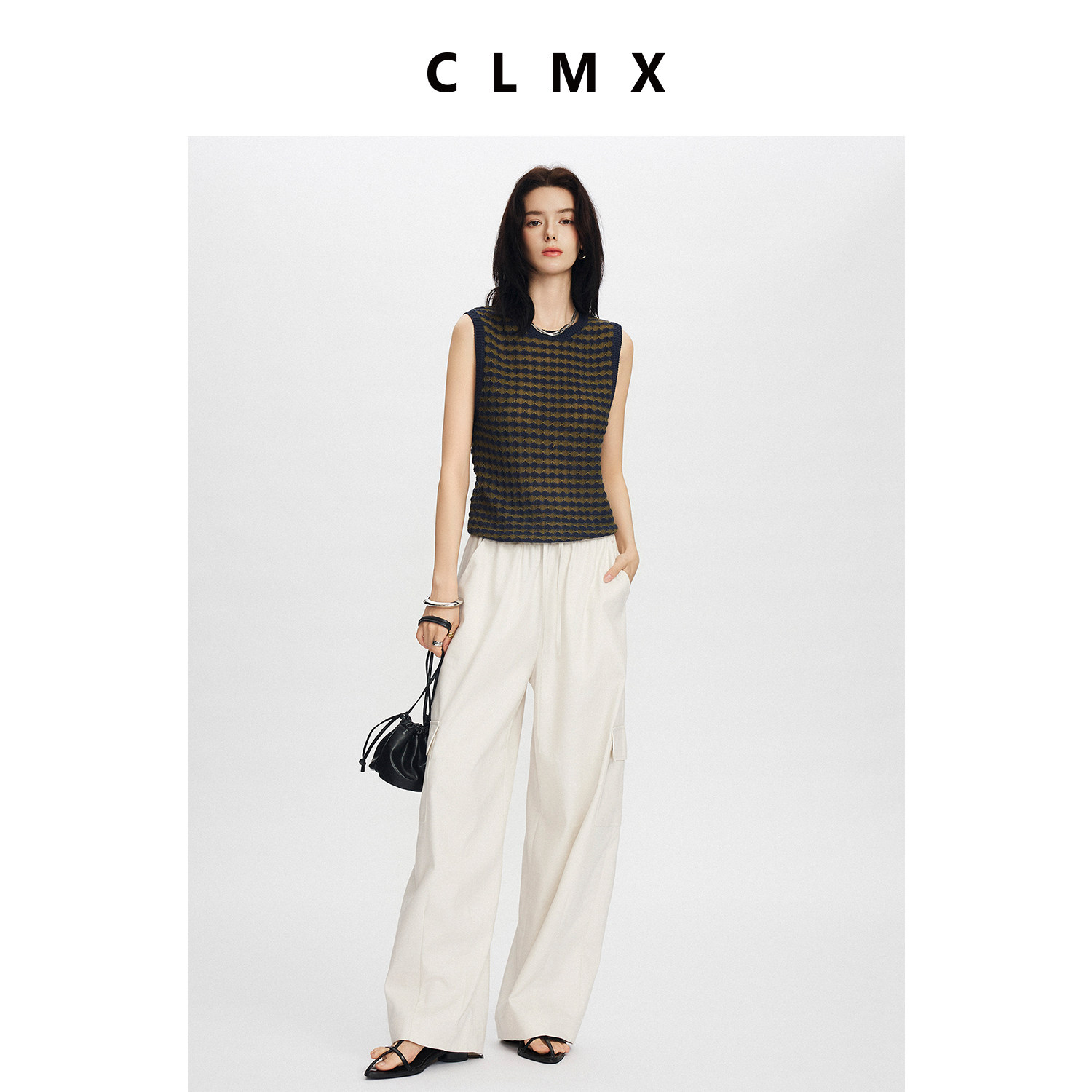 CLMX时装感通勤无袖上衣高密混纺羊毛纱面料修身菱形格针织背心