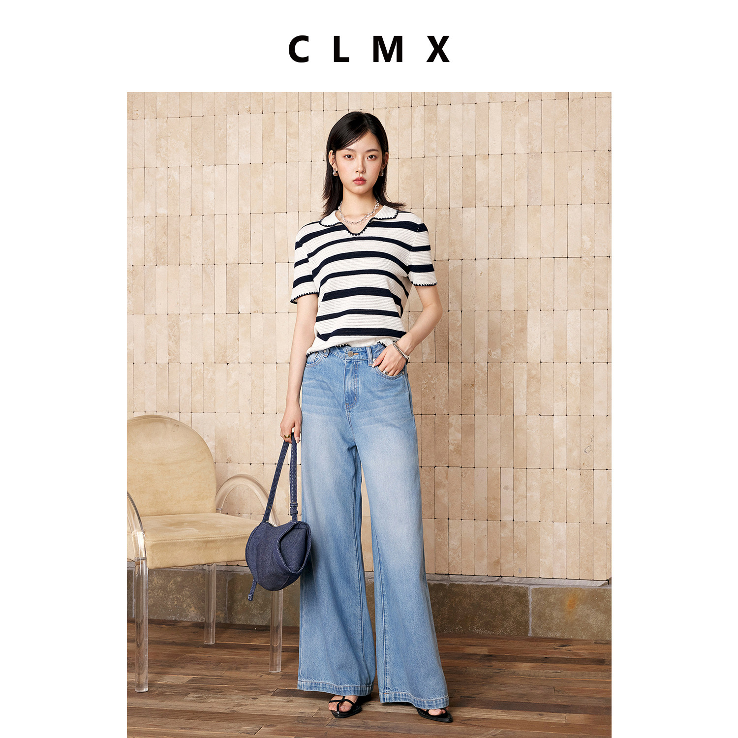 CLMX桑蚕丝羊毛翻领针织T恤女