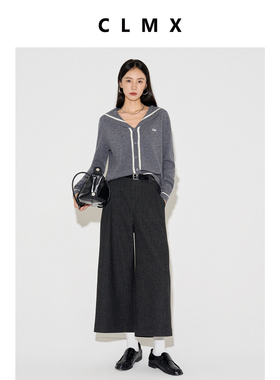 CLMX复古花纱后腰橡筋宽松阔腿八分裤羊毛混纺秋季通勤裤子女