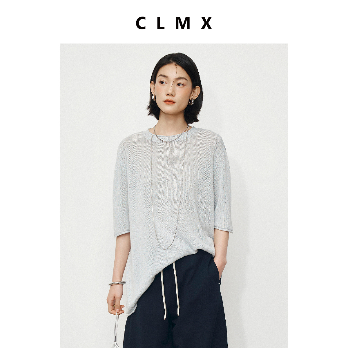 CLMX透气粗支和纸纱莱赛尔 随性卷边圆领空气廓形短袖针织衫