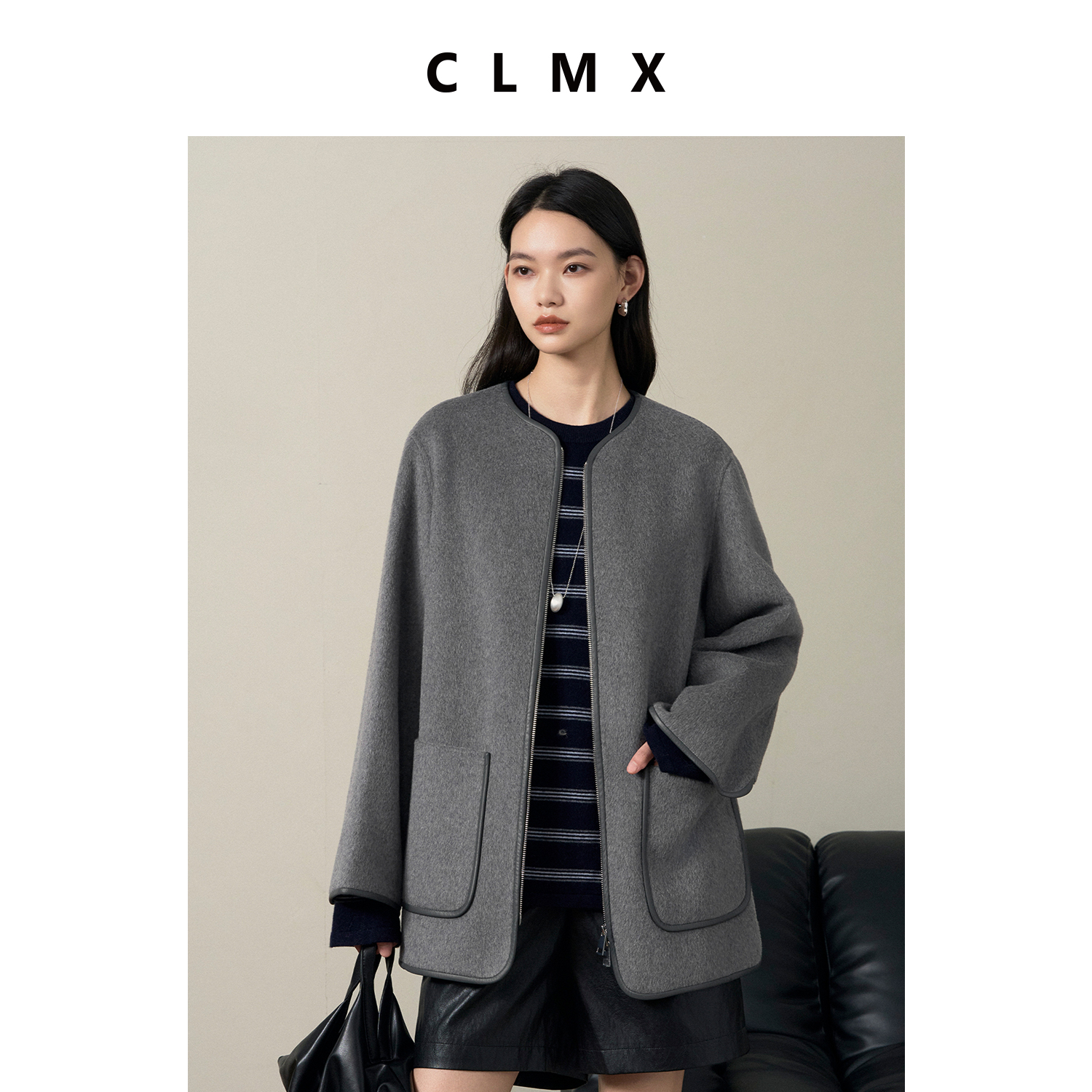 CLMX拼接大衣羊毛羊绒混纺双面细织短顺毛面料秋冬通勤外套赠围巾