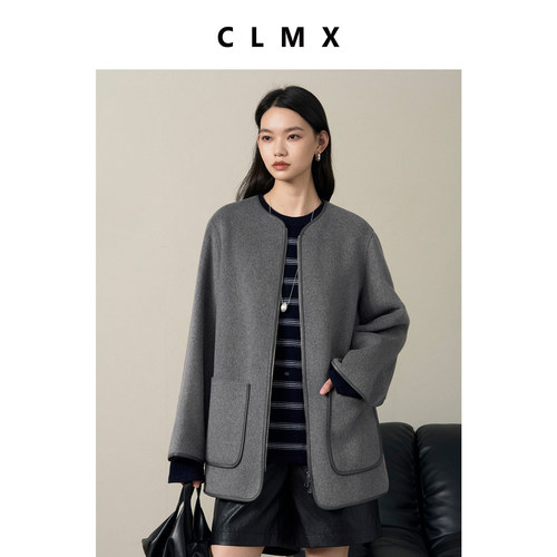 CLMX拼接大衣羊毛羊绒混纺双面细织短顺毛面料秋冬通勤外套赠围巾