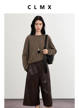 CLMX复古条纹圆领针织衫40支细针羊毛兔毛混纺纱线秋冬通勤上衣女