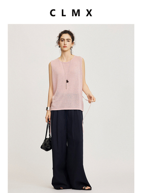 CLMX简约通勤上衣透气桑蚕丝莱赛尔混纺面料系带无袖背心女