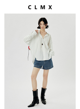 CLMX通勤简约宽松上衣莱赛尔醋酸舒适面料长袖条纹衬衫女