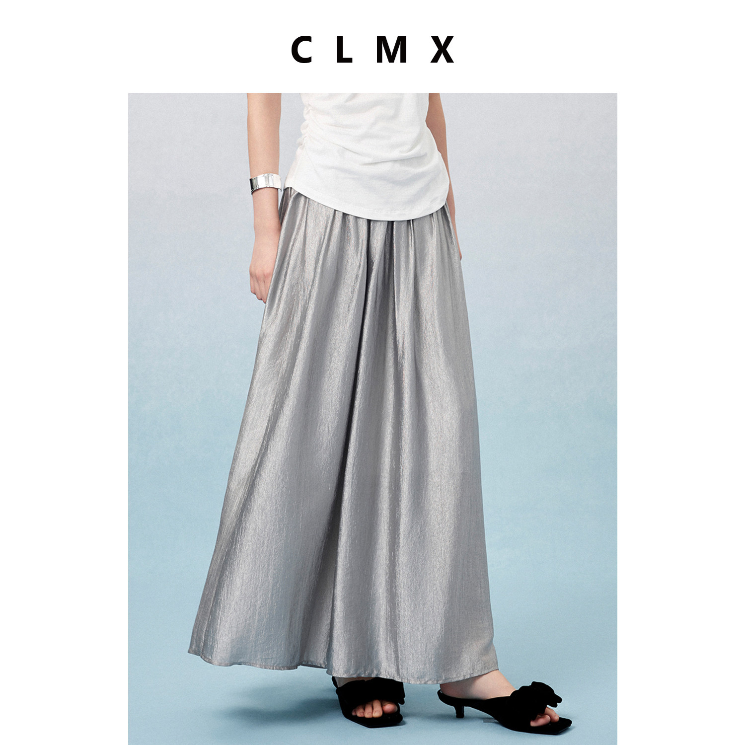 CLMX夏季简约通勤长裙雾光细坑条肌理混纺醋酸面料褶皱半身裙