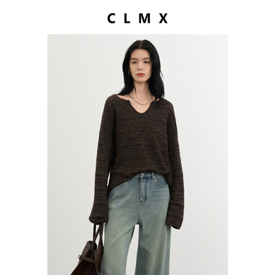 CLMX经典叠穿风V领针织衫羊绒羊毛莱赛尔小珠片花纱秋冬通勤毛衣