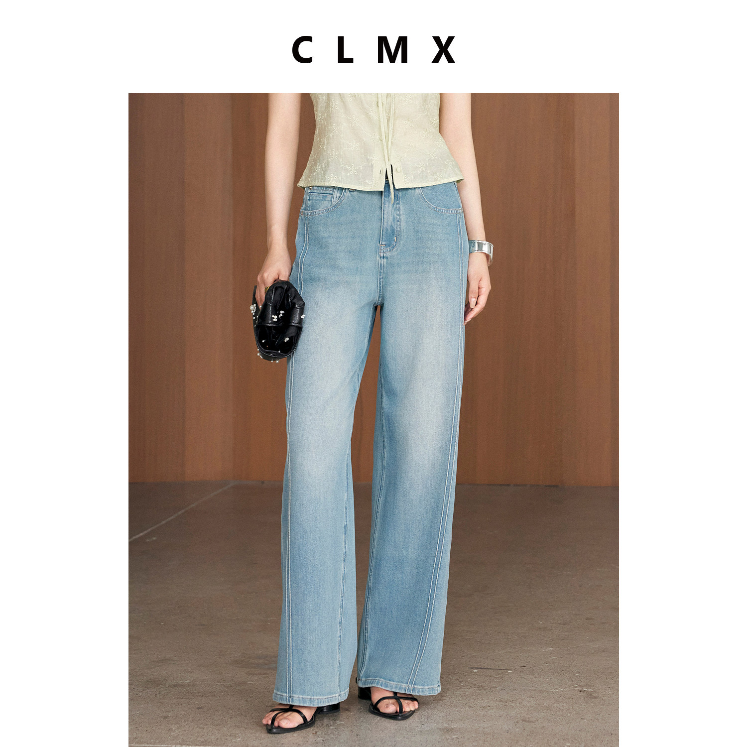 CLMX蓝色做旧宽松直筒牛仔裤
