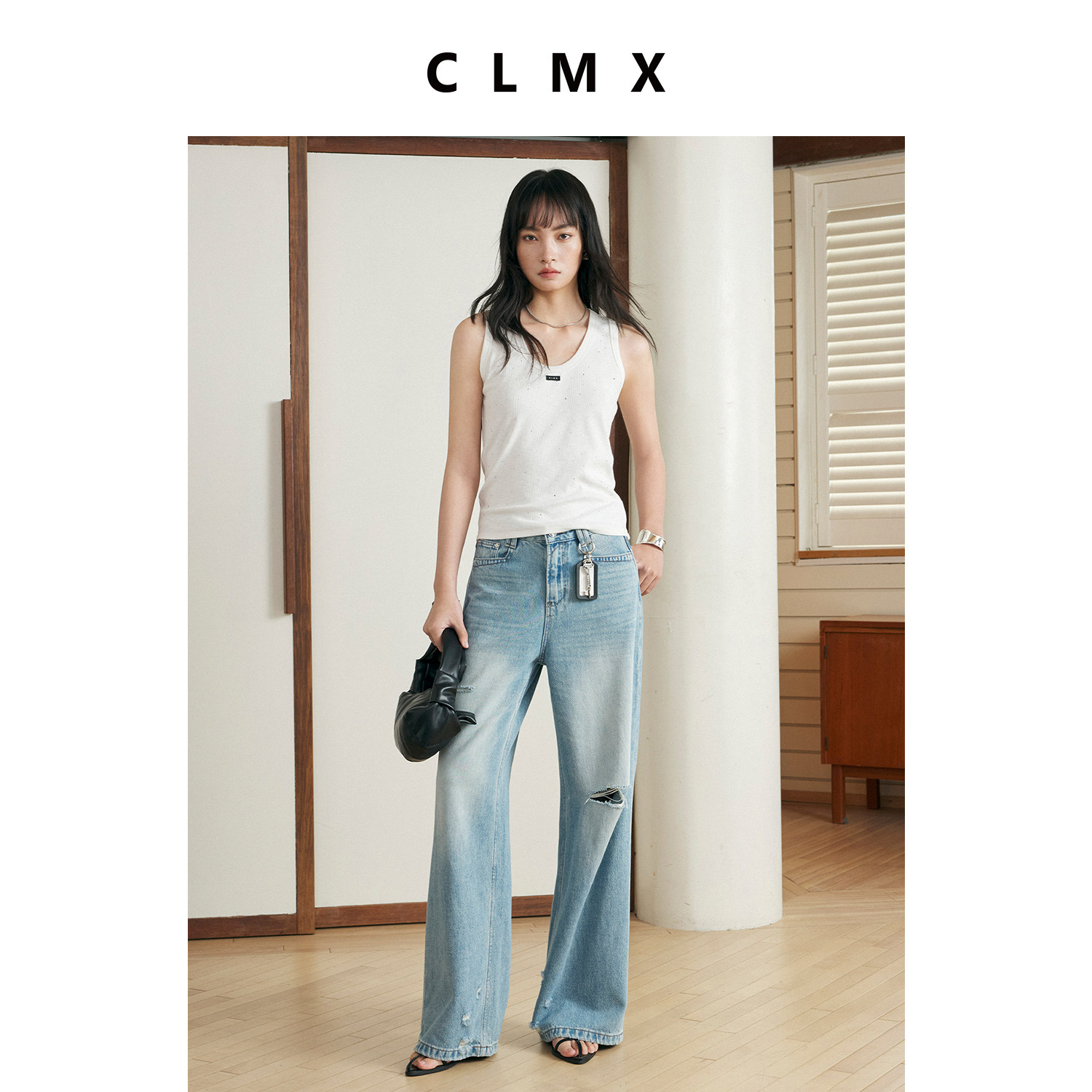CLMX白色U领无袖手工烫钻外穿吊带女初夏新款休闲修身背心上衣