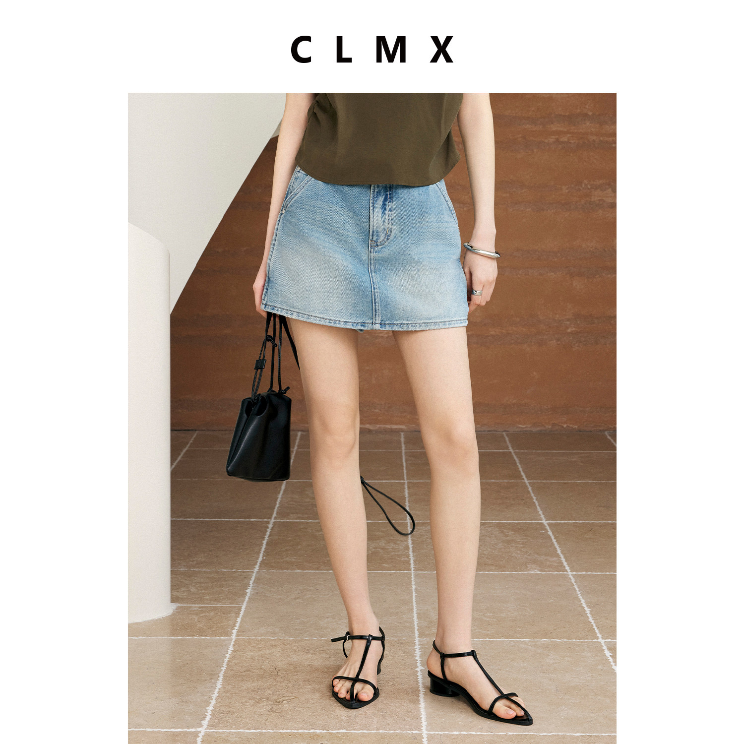 CLMX复古纯棉牛仔直筒半身裙