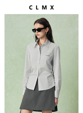 CLMX时装感立体间色条纹棉锦面料随性老钱风轻盈感收腰条纹衬衫