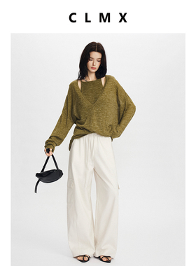 CLMX简约纯色阔腿直筒裤子竹节肌理莱赛尔棉混纺面料贴袋休闲裤