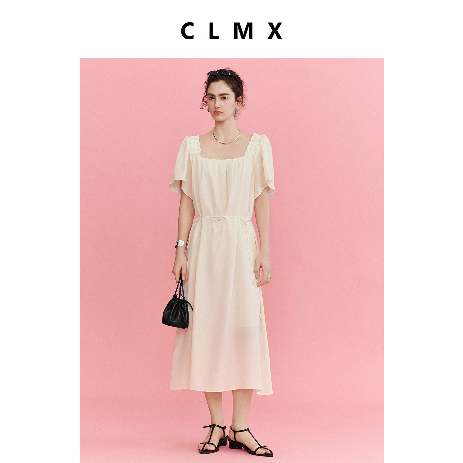 CLMX通勤简约纯色裙子轻盈纱结肌理莱赛尔亚麻混纺面料方领连衣裙,女装/女士精品,连衣裙,淘宝优惠券,粉丝福利购,淘宝优惠卷