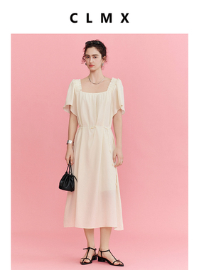 CLMX通勤简约纯色裙子轻盈纱结肌理莱赛尔亚麻混纺面料方领连衣裙