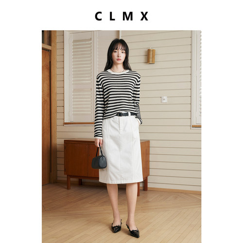 CLMX莱赛尔棉条纹亮片针织衫女