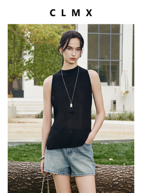 CLMX和纸纱棉混纺面料 手工感卷边编织领削肩小A版无袖背心