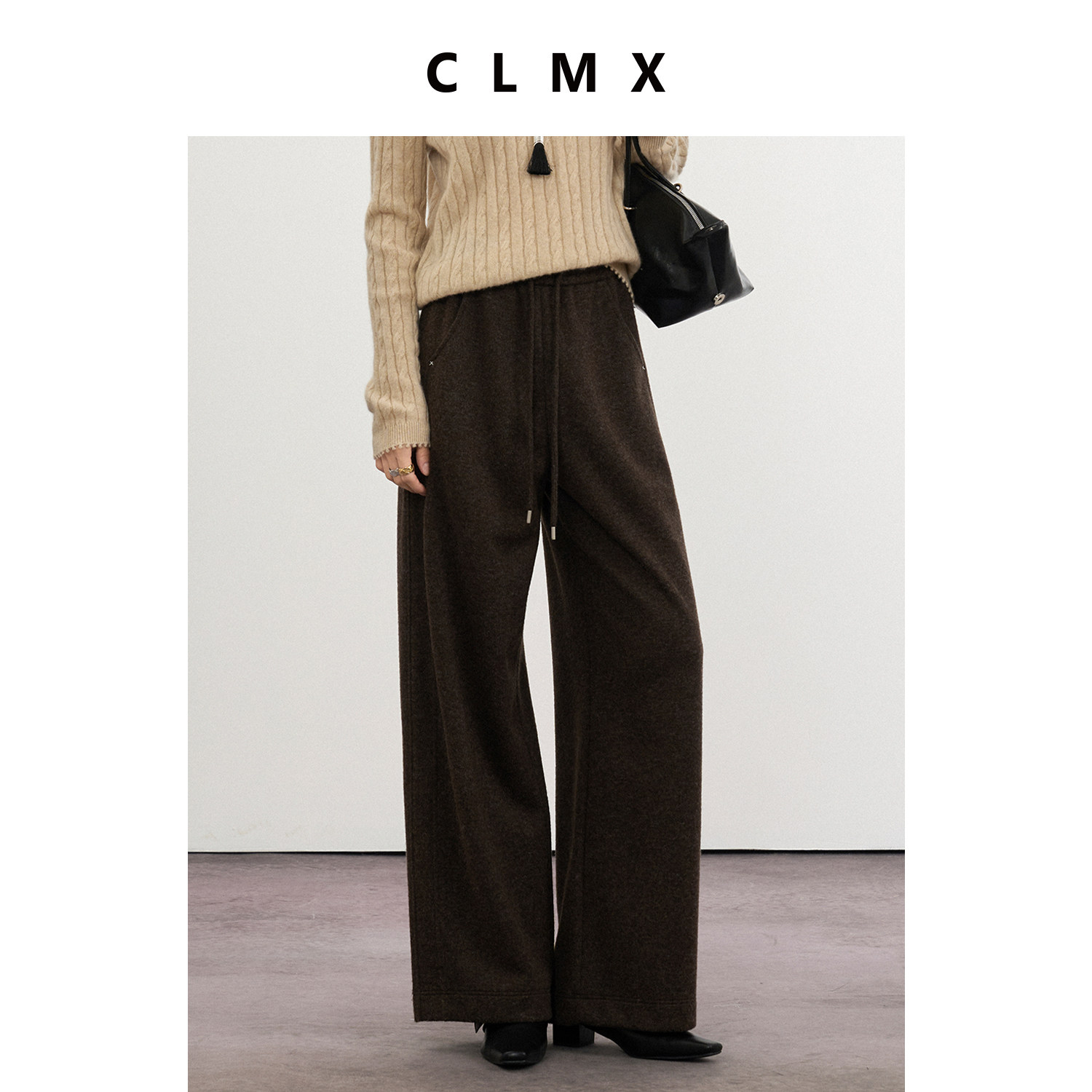 CLMX松紧腰休闲裤羊毛混纺双面复合针织布秋冬休闲阔腿长裤