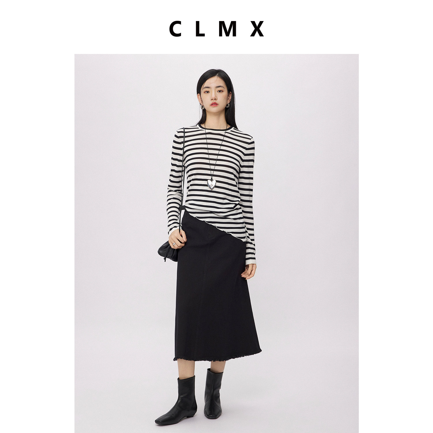 CLMX14针山羊绒桑蚕丝混纺条纹针织衫女斜木耳卷边圆领套头上衣