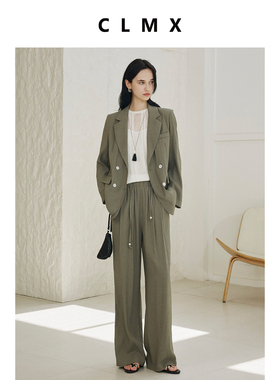 CLMX垂顺亚麻粘纤混纺面料 复古老钱风双排扣西装/松紧腰阔腿裤
