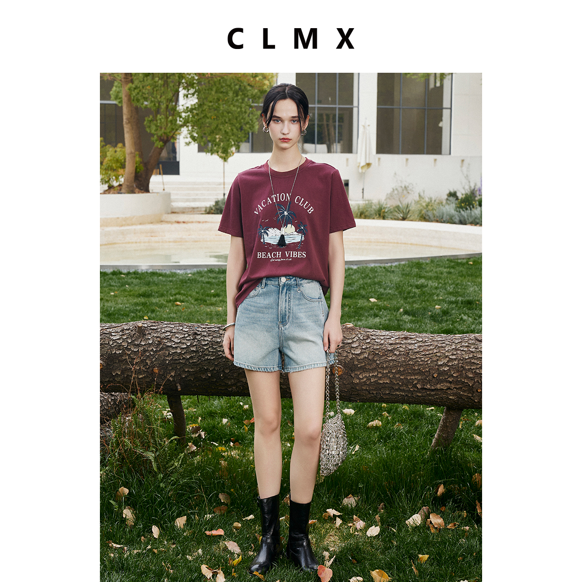 CLMX高密凉感雪花棉爽滑亲肤面料 时髦百搭小廓形圆领印花短袖T恤