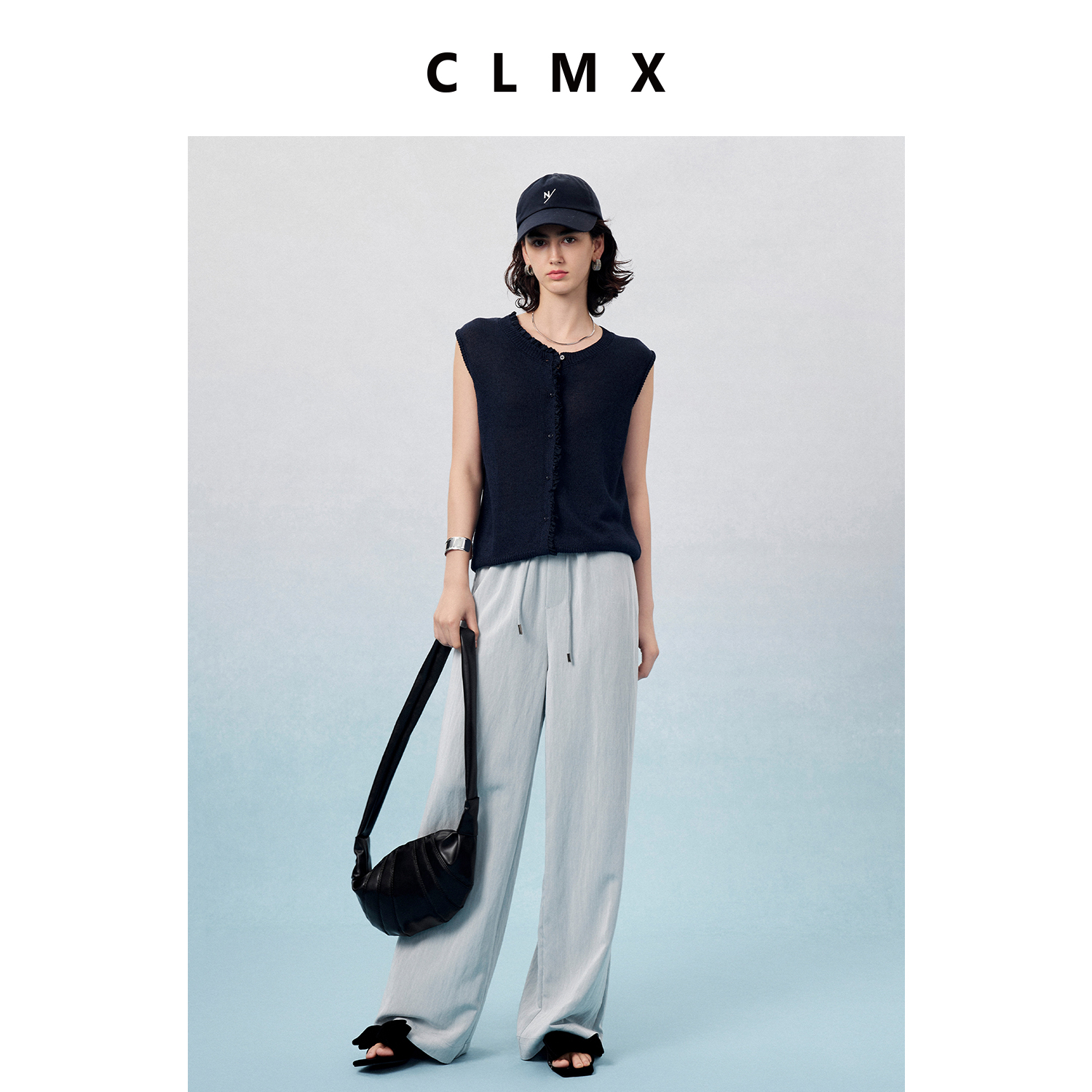 CLMX夏季纯色通勤上衣莱赛尔棉和纸纱混纺纱线面料花边领马甲