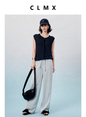 CLMX夏季纯色通勤上衣莱赛尔棉和纸纱混纺纱线面料花边领马甲