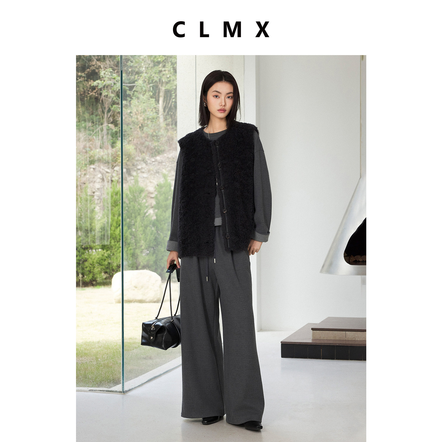 CLMX100绵羊毛复古圆领无袖廓形马甲女冬季高级气质通勤宽松外