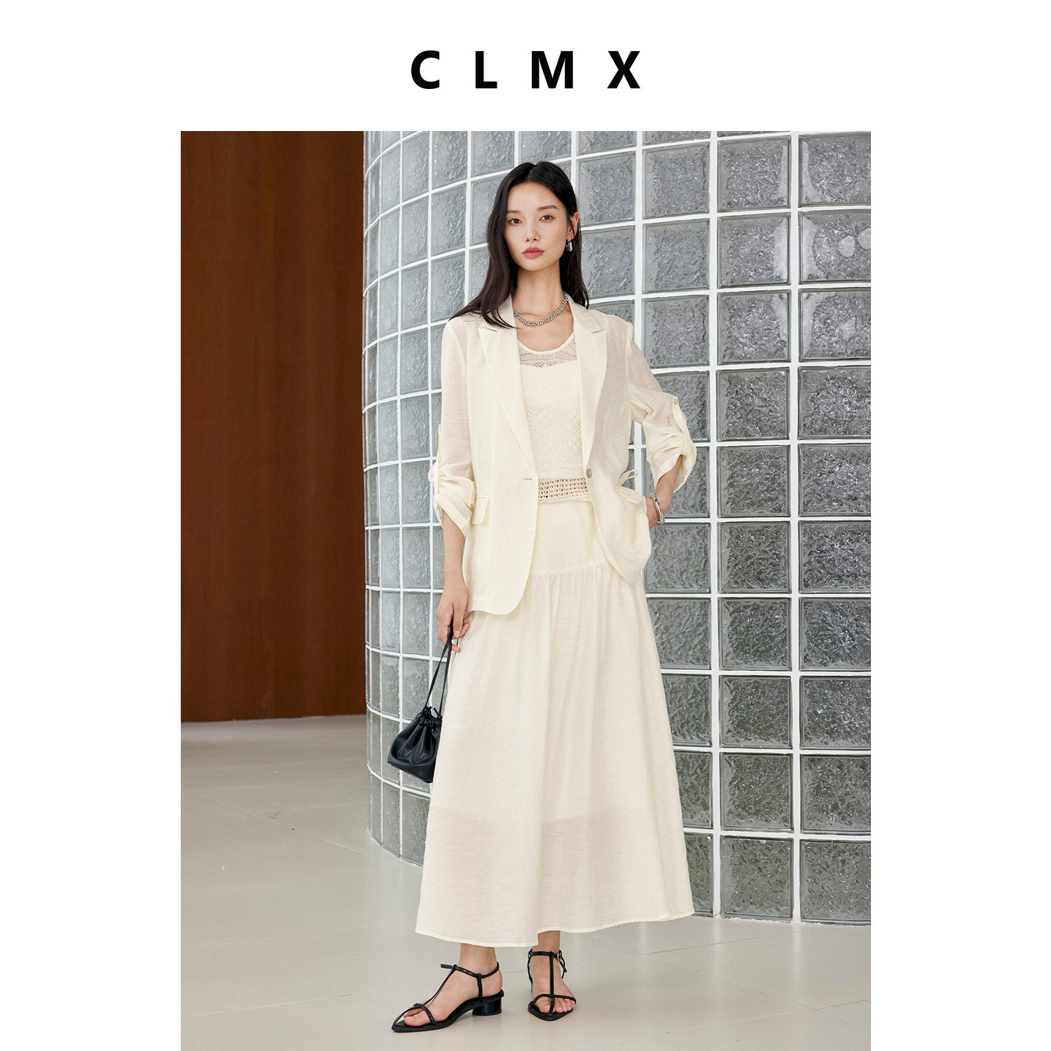 CLMX亚麻抽绳西装长裙套装夏季