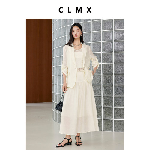 CLMX亚麻抽绳西装长裙套装夏季