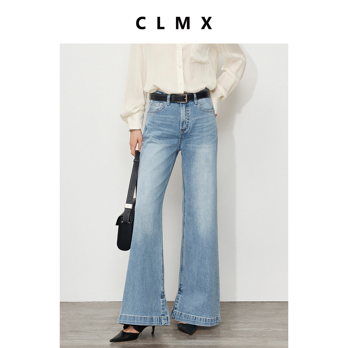 CLMX亲肤VISCOSE棉牛仔收拢腰腹线条显腰细VTG阔腿清爽显高牛仔裤
