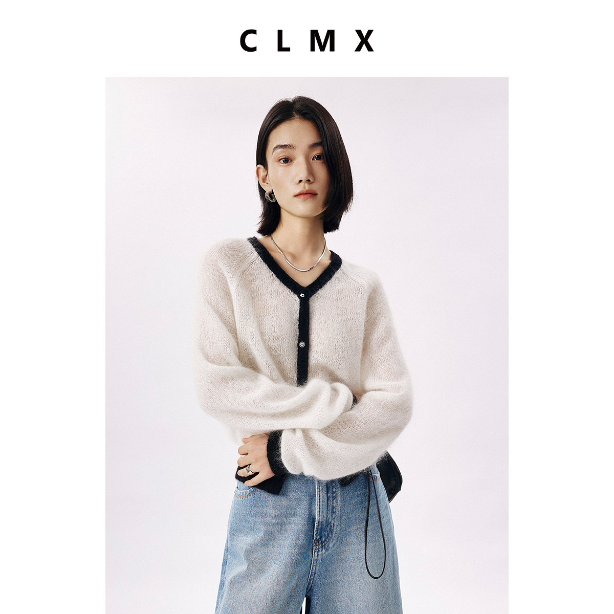 CLMX蓬松柔雾马海毛初剪羊毛纱 时髦百搭撞色边圆领针织香风开衫