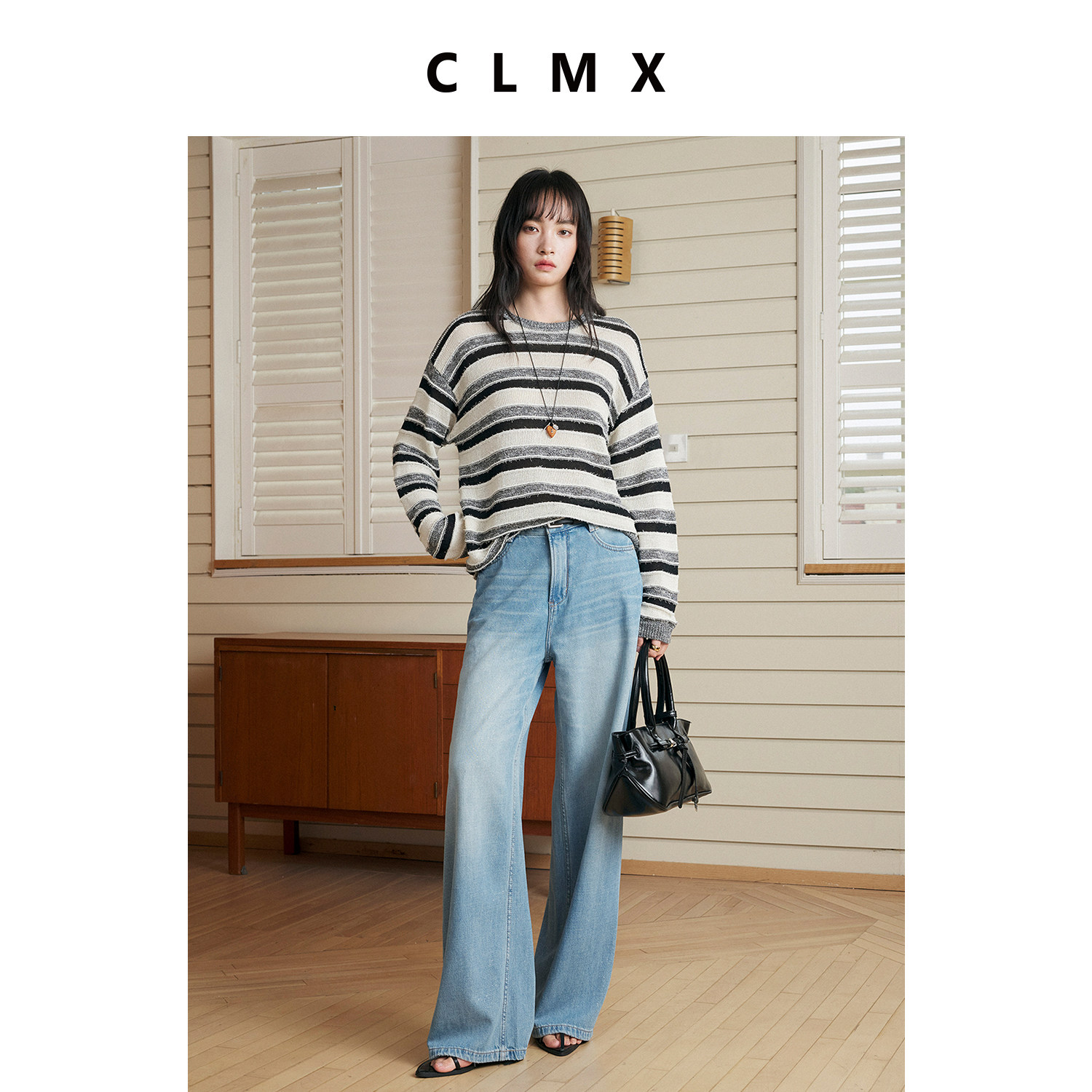CLMX复古棉质条纹长袖针织衫女