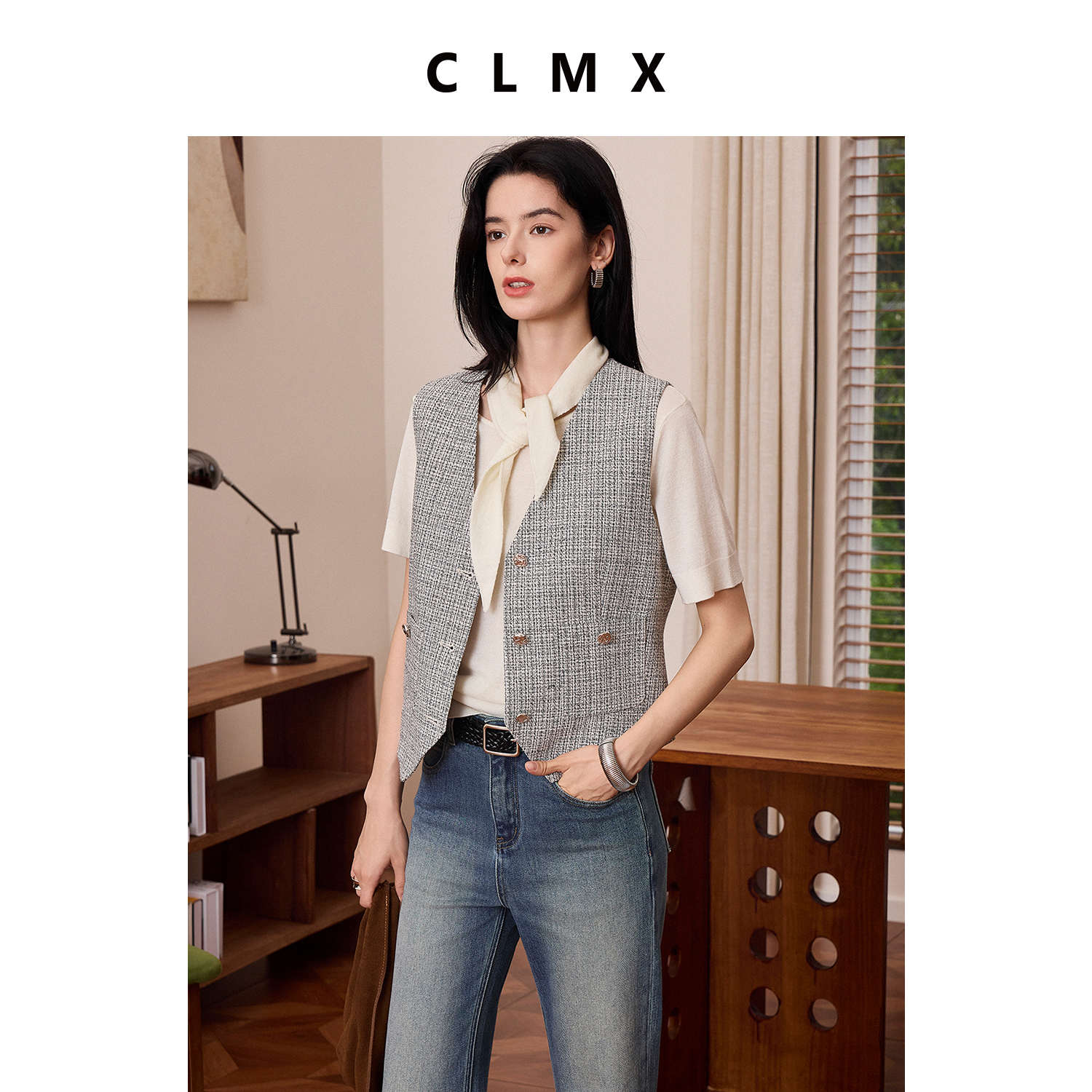 CLMX通勤V领开襟马甲小香编织纹棉混纺花纱花呢面料上衣外套女