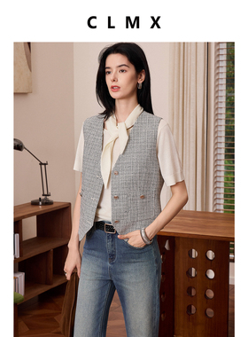 CLMX通勤V领开襟马甲小香编织纹棉混纺花纱花呢面料上衣外套女